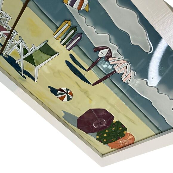 Beach Scene 3 D Art On Glass Stain Glass Style Colorful Wall Decor Picture Coast - Picture 2 of 14